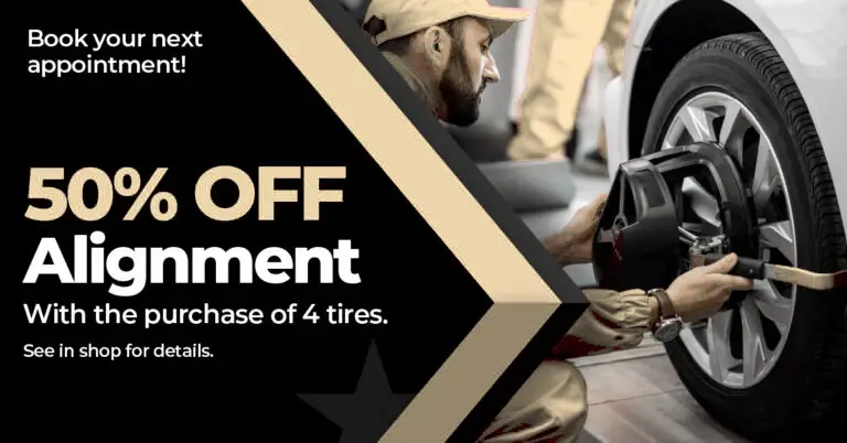 Automotive Repair & Tire Shop Oakville, ON - Sil’s Auto Care Centre Mechanic adjusting a car wheel with a tool. Text: “Book your next appointment! Enjoy 50% off Wheel Alignment with the purchase of 4 tyres. See in shop for details.” Black and gold promotional design. | Call Us Today At +1 (905) 823-2626