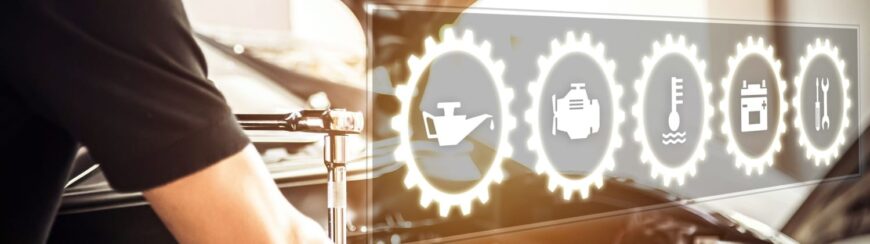 Automotive Repair & Tire Shop Oakville, ON - Sil’s Auto Care Centre A person uses a spanner on a car engine, with transparent gear icons overlaid, showing oil, engine, temperature, battery, and tools symbols, representing vehicle maintenance and diagnostics. | Call Us Today At +1 (905) 823-2626