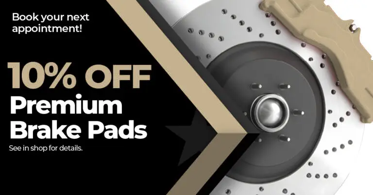 Automotive Repair & Tire Shop Oakville, ON - Sil’s Auto Care Centre A promotional banner featuring a close-up of a brake disc and pad, with text: 10% off Premium Brake Pads! Book your next appointment. See in shop for details. Black, gold, and white colour scheme. | Call Us Today At +1 (905) 823-2626