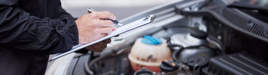 Automotive Repair & Tire Shop Oakville, ON - Sil’s Auto Care Centre A person in a black jacket holds a clipboard and pen, inspecting and taking notes next to the open bonnet of a car, focusing on the vehicle’s engine area. | Call Us Today At +1 (905) 823-2626