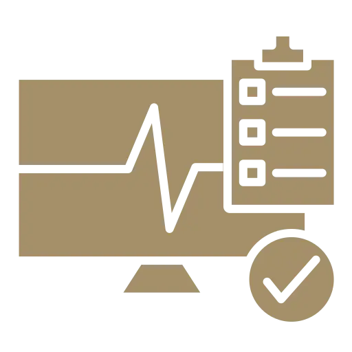Automotive Repair & Tire Shop Oakville, ON - Sil’s Auto Care Centre A beige icon showing a computer monitor with a heartbeat line, a tick list on a clipboard, and a tick inside a circle, symbolising health monitoring and completed tasks—ideal for Car Repair Services Oakville ON or Automotive Repair Near Me. | Call Us Today At +1 (905) 823-2626