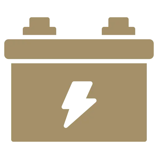 Automotive Repair & Tire Shop Oakville, ON - Sil’s Auto Care Centre A brown icon of a car battery with two terminals on top and a white lightning bolt in the centre, on a light grey background—ideal for Car Repair Services Oakville ON or anyone seeking Automotive Repair Near Me. | Call Us Today At +1 (905) 823-2626