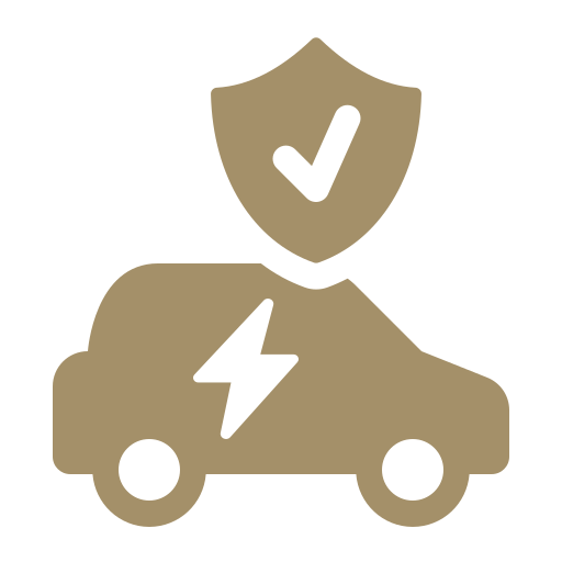 Automotive Repair & Tire Shop Oakville, ON - Sil’s Auto Care Centre Beige icon of a car with a lightning bolt, symbolising electric vehicles, and a shield with a tick above it, representing protection or insurance—ideal for Car Repair Services Oakville ON or Automotive Repair Near Me. | Call Us Today At +1 (905) 823-2626