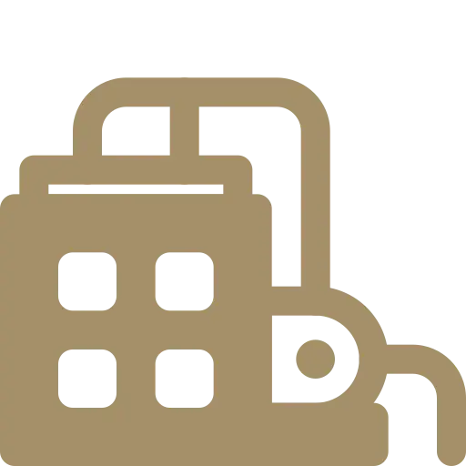 Automotive Repair & Tire Shop Oakville, ON - Sil’s Auto Care Centre A simplified brown icon of a factory with a rectangular main building, four window squares, a curved pipe, and two tall chimneys on a light background, perfect for representing Car Repair Services Oakville ON or Automotive Repair Near Me. | Call Us Today At +1 (905) 823-2626