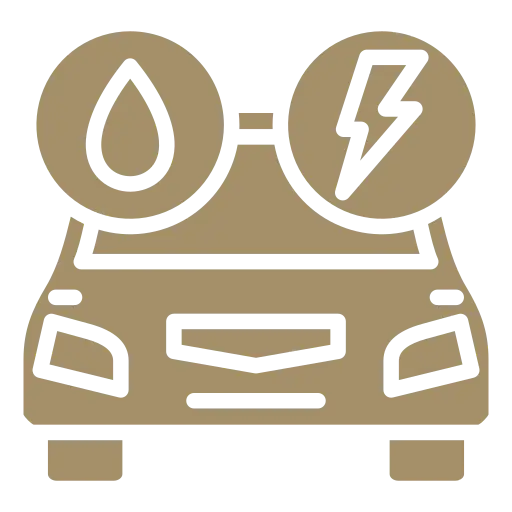 Automotive Repair & Tire Shop Oakville, ON - Sil’s Auto Care Centre Stylised icon of a car with symbols—a water droplet and lightning bolt—above it, representing a hybrid vehicle that uses both fuel and electric power. Ideal for those seeking Car Repair Services Oakville ON or Automotive Repair Near Me. | Call Us Today At +1 (905) 823-2626