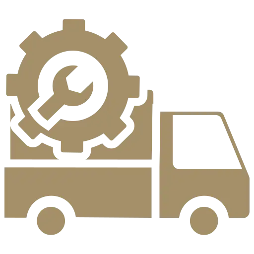 Automotive Repair & Tire Shop Oakville, ON - Sil’s Auto Care Centre A stylised graphic of a delivery lorry carrying a large gear with a spanner inside it, symbolising logistics, repair, or Car Repair Services Oakville ON and technical support services. | Call Us Today At +1 (905) 823-2626