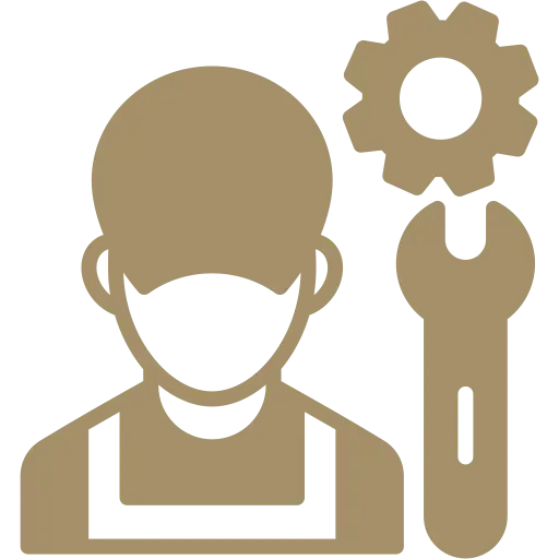 Automotive Repair & Tire Shop Oakville, ON - Sil’s Auto Care Centre Brown icon of a person wearing dungarees next to a gear and spanner, representing Car Repair Services Oakville ON or automotive repair near me, ideal for maintenance or technical support services. | Call Us Today At +1 (905) 823-2626