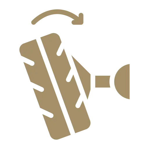 Automotive Repair & Tire Shop Oakville, ON - Sil’s Auto Care Centre Brown icon showing a car wheel being turned left, indicated by a curving arrow above it, symbolising steering or wheel alignment—perfect for Car Repair Services Oakville ON on a light background. | Call Us Today At +1 (905) 823-2626