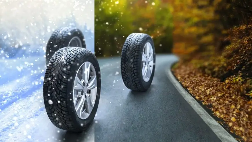 All-weather vs. winter tires beside a vehicle in Oakville before cold weather