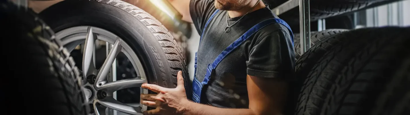 Automotive Repair & Tire Shop Oakville, ON - Sil’s Auto Care Centre A mechanic in blue overalls lifts a car tyre from a storage rack, surrounded by other tyres in a workshop. | Call Us Today At +1 (905) 823-2626