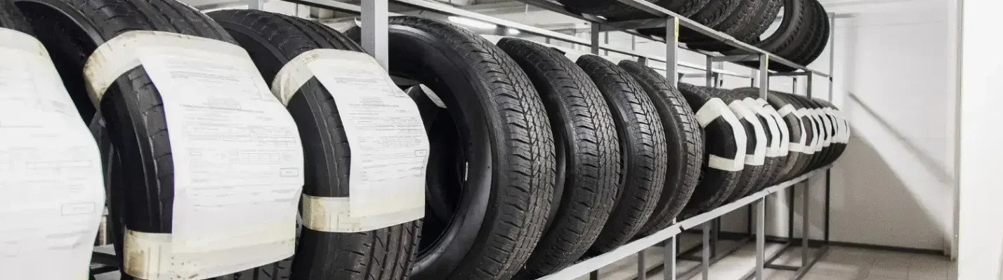 Automotive Repair & Tire Shop Oakville, ON - Sil’s Auto Care Centre Several rows of car tyres are neatly arranged on metal racks in a well-lit, clean storage area. Some tyres have white labels with papers attached around them, indicating information or inventory details. | Call Us Today At +1 (905) 823-2626