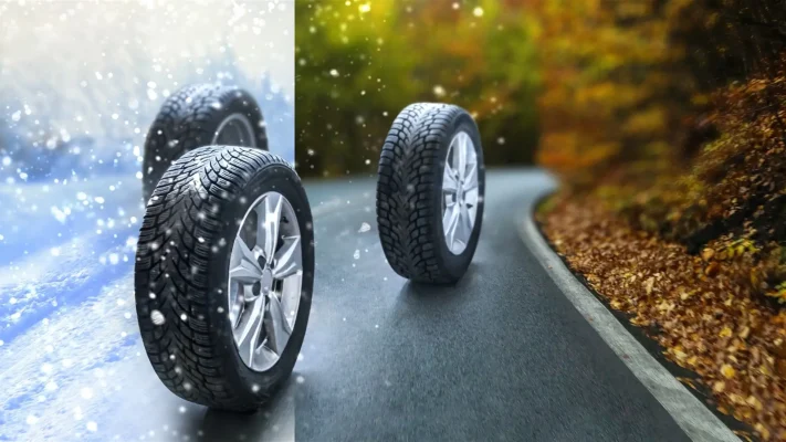 All-weather vs. winter tires beside a vehicle in Oakville before cold weather